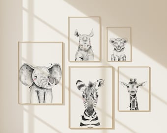 Safari Animals Black and White Nursery Art Prints, Gender Neutral Baby Nursery, Set of 5 Animal Wall Art, Digital Download, Hint of Pink
