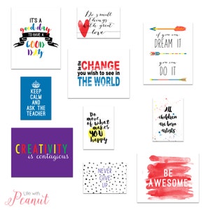 Puede incluir: Una colecci&oacute;n de 10 carteles motivacionales coloridos con citas inspiradoras. Los carteles presentan una variedad de fuentes, colores y dise&ntilde;os, incluyendo un coraz&oacute;n rojo, un sol amarillo y una corona azul. Las citas incluyen "Es un buen d&iacute;a para tener un buen d&iacute;a", "Mant&eacute;n la calma y pregunta al maestro", "La creatividad es contagiosa", "Haz cosas peque&ntilde;as con gran amor", "S&eacute; el cambio que quieres ver en el mundo", "Haz m&aacute;s de lo que te hace feliz", "Si puedes so&ntilde;arlo, puedes hacerlo", "Todos los ni&ntilde;os nacen artistas", "Nunca te rindas", y "S&eacute; incre&iacute;ble".