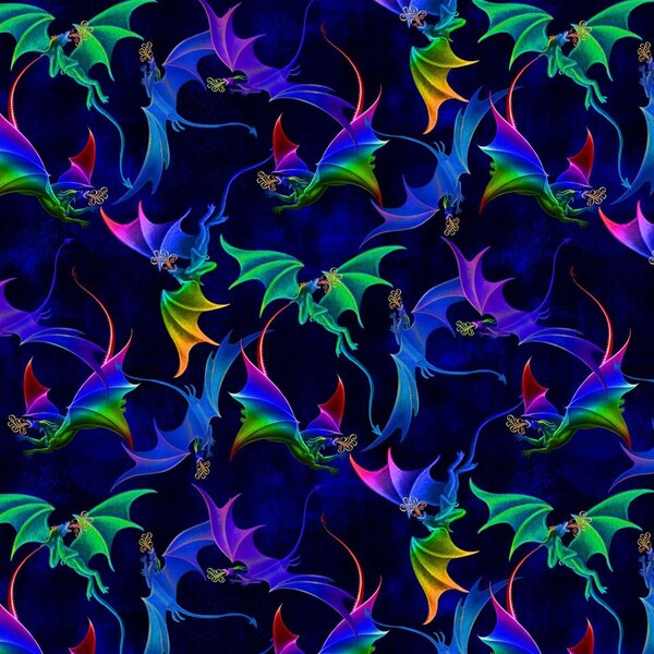 Studio E Fabrics - Rainbow Dragons by Sue Ellen Brown - Flying Dragon Navy 5843-77 - Digitally Printed Cotton Woven Fabric