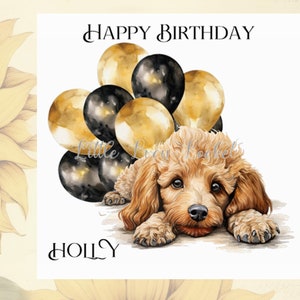 Apricot PUDEL Geburtstagskarte-PERSONALISIERT-Süße Pudel mit Gold / Schwarz Luftballons-Aquarell Bilder-Pudel Karte legen-Hundeliebhaber Geburtstagskarte