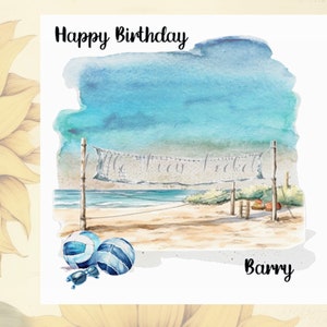 Tarjeta de cumpleaños de VOLEIBOL DE PLAYA PERSONALIZADA - Juegos de playa - Pelota - Unisex - Red - Balonmano - Mensaje interior disponible - Costa - Playa - Cumpleaños masculino - Cumpleaños femenino