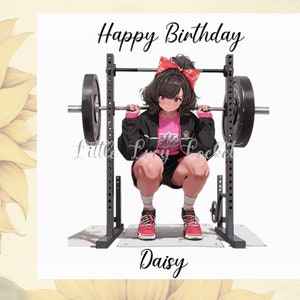 Tarjeta de cumpleaños de chica con pesas (anime) - PERSONALIZADA - Cumpleaños de adolescente - Manga - Estilo anime - Chica - Tarjeta femenina japonesa - Entrenamiento con pesas