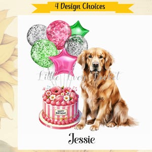 Tarjeta de cumpleaños GOLDEN RETRIEVER PERSONALIZADA, 4 opciones de diseño, perro Golden Retriever con globos rosados, plateados y verdes, pastel de cumpleaños detallado