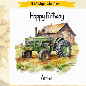 4 Design Auswahl-TRAKTOR Geburtstagskarte-PERSONALISIERT-Aquarell Traktor in Gelb, Grün, Rot oder Blau-Ländlich/Bauernhof Einstellung-männlich Geburtstag