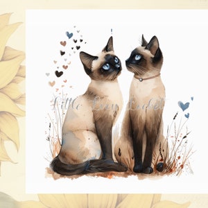 Gatos siameses - Tarjeta en blanco - Adecuada para cualquier ocasión - Corazones azules - Agradecimiento - RSVP - Invitación - Emoción - Nota de condolencia - Tarjeta de carta - Recupérate pronto - Felino