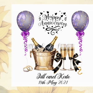 Tarjeta de aniversario de bodas - PERSONALIZADA - Feliz ANIVERSARIO - Globos y champán - Boda - Aniversario de ella/ella - Boda de él y ella