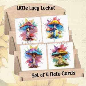 Colourful MUSHROOMS-Set of 4 Note Cards-Blank Cards-Any Occasion-Thank You-Invitation-Happy Birthday-Get Well-Notelet-Thinking of You-Fungi