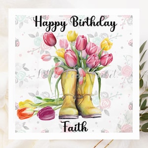 Tarjeta de cumpleaños personalizada con botas florales - Botas TULIPÁN - Botas amarillas con tulipanes - Tarjeta de cumpleaños floral de primavera - Tarjeta de cumpleaños femenina - Flores - Tulipanes