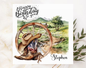 Cowboy Birthday Card-PERSONALISED-Western-Style Birthday Card-COWBOY Boots & Hat-Muted Watercolour Image-Wild West Cowboy Boots Card for Him