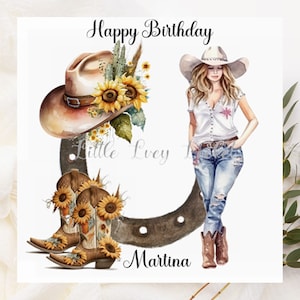 COWGIRL sur fer à cheval-carte d'anniversaire personnalisée-tournesol bottes de cow-boy & chapeau-ligne danseuse anniversaire-floral Cowgirl bottes/carte de danse-ligne de chapeau