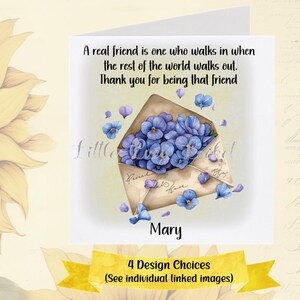 Tarjeta de AMISTAD - PERSONALIZADA - 4 diseños a elegir - Tarjeta floral para amigas - Gracias por ser amiga - Violetas - Fresias - Rosas blancas - Tulipanes rojos - Flor