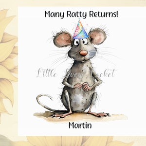 Tarjeta de cumpleaños de RATA - Sombrero de fiesta de rata - Globos - PERSONALIZADA - Muchas ratas regresan - Roedores - Alimañas - Tarjeta divertida de rata - Cumpleaños de animal - Mensaje interior opcional