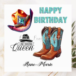 Carte d'anniversaire personnalisée bleu/ORANGE pour bottes de cowboy et chapeau de cow-girl-carte danseuse en ligne-roue de chariot-bottes de cow-girl pour reine de la danse en ligne