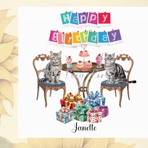 CAT Birthday Tea Card-PERSONALISED-Pair of Silver Tabby Cats Enjoying Afternoon Tea- Cat Card-Pedigree Cats-Feline Birthday Card-Cat Lover