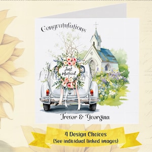 Wedding Car Card-PERSONALISED-4 Design Choices-Pretty Floral Church With Wedding Car-Just Married-Bride and Groom-Mr & Mrs-Congratulations