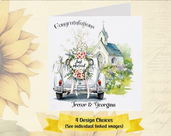 Tarjeta de felicitación para la boda - PERSONALIZADA - 4 opciones de diseño - Bonita iglesia floral con coche de bodas - Recién casados - Novios - Sr. y Sra. - Felicitaciones