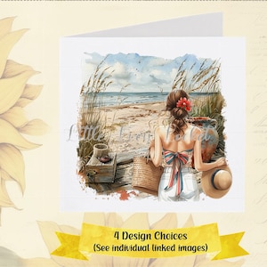 Puede incluir: Ilustración en acuarela de una escena de playa con una persona frente al mar, sosteniendo un sombrero de paja. La persona lleva un top con lazo y pantalones cortos blancos. También se ven una bolsa tejida, un cofre y un jarrón. El texto "4 Design Choices".