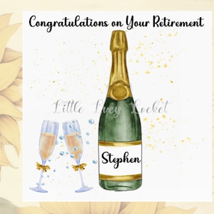 PERSONNALISÉ-carte de retraite-carte de CHAMPAGNE pour célébrer la retraite-bouteille et verres de champagne-joyeuse retraite-imprimé paillettes dorées