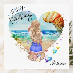 Teenager-Mädchen am Strand Herz Geburtstagskarte-PERSONALISIERT-Mädchen in Shorts am STRAND unter dem Motto HERZ-Teen Geburtstagskarte-Teen Girl-Beach Card-Teenager