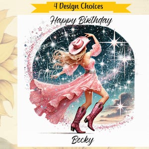 4 Designauswahl-Rosa COWGIRL Geburtstagskarte-PERSONALISIERT-Schönes Cowgirl mit Pferd-mit Cowboy-Tanzen-Gedruckter Sparkle-Cowboy-Stiefel-Hut
