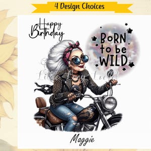 4 Designauswahl-Fun BIKER Geburtstagskarte-PERSONALISIERT-Ältere Dame-Ältere Biker-Küken-Weibliche Geburtstagskarte für Sie-Witz-Geburtstag-Humour-Karte