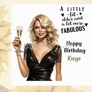 Fabulosa y divertida tarjeta de cumpleaños personalizada para ella: chica glamorosa con vestido de fiesta y un eslogan ingenioso, humor, broma, tarjeta de cumpleaños divertida para mujer