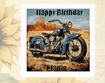 BIKER Birthday Card-PERSONALISED-Birthday Card for Biker-Watercolour American Motorbike Birthday Card-Desert Background-Classic Motorcycle