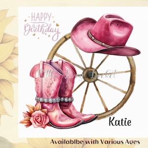 COWGIRL Geburtstagskarte-PERSONALISIERT-Alter Geburtstagskarte-Rosa Stiefel/Hut-18.-21.-30.-40.-50.-60.-Line Dancer Geburtstagskarte-Weiblicher Geburtstag