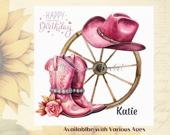 COWGIRL Birthday Card-PERSONALISED-Age Birthday Card-Pink Boots/Hat-18th-21st-30th-40th-50th-60th-Line Dancer Birthday Card-Female Birthday