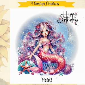 4 Designauswahl-MERJUNGFRAU Geburtstagskarte-PERSONALISIERT-Aquarell Bild-Gedruckter Glitzer Hintergrund / Sparkle-Fantasy Geburtstagskarte-Kleines Mädchen