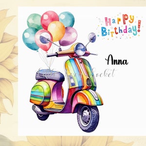 Carte d'anniversaire scooter-personnalisée-arc-en-ciel cyclomoteur-moto-moto-scooter unisexe carte-scooter arc-en-ciel avec ballons-motard d'anniversaire