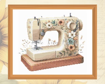 Floral Sewing Machine Cross Stitch Pattern: B/W & Color Charts (PDF Download)