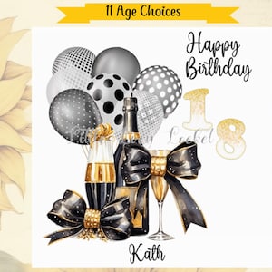 Alter Geburtstagskarte-PERSONALISIERT-11 Alter Auswahl-Ballons/Geschenke/Champagner-18.-21.-25.-30.-40.-50.-60.-65.-70.-75.-80.-85.-Meilenstein