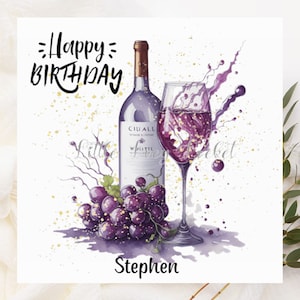 RED Wine Birthday Card-PERSONALISED-Bottle & Glass-Grapes-Watercolour Images-Splash Background with Printed Gold Glitter-Unisex Birthday