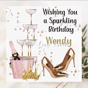 Tarjeta de cumpleaños con champán y zapatos - Tarjeta con champán para ella - PERSONALIZADA - Tarjeta de cumpleaños para mujer - Tarjeta de cumpleaños - Tarjeta de cumpleaños con ZAPATOS dorados - Tarjeta glam