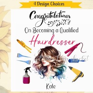 4 opciones de diseño-PELUQUERO-Tarjeta de felicitaciones-PERSONALIZADA-Estilista de cabello calificado-Capacitado-Salón-Belleza-Barbero-Secador de cabello-Bien hecho-Aprobado