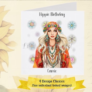 Carte d'anniversaire HIPPIE-4 choix de conception-personnalisé-femme anniversaire-bohème fille-boho anniversaire-fille hippie-marguerites-fille-meilleure amie-ado