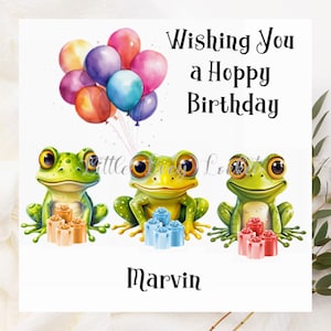 PERSONALISED-Frog Trio Birthday Card-Three FROGS in a Row with Balloons and Gifts-Frog Lover Birthday Card-Amphibian Birthday Card-Frog Card