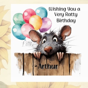 Tarjeta de cumpleaños de RATA - Rata asomando - Globos - PERSONALIZADA - Te deseo un cumpleaños muy ratita - Roedor - Alimañas - Tarjeta divertida de rata - Mensaje interior opcional