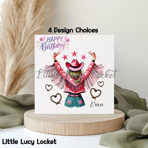 COWGIRL Birthday Card-PERSONALISED-Pink Fringed Jacket-Cowgirl Hat-Stars & Hearts-Back View of Girl-Female Birthday-Optional Inside Message