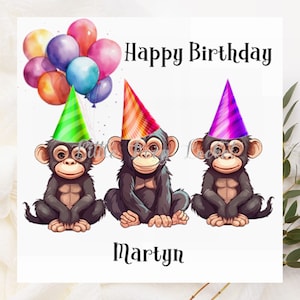 PERSONALISED-Monkey Birthday Card-MONKEYS in a Row with Party Hats-Gifts & Balloons-Monkey Card-Monkey Trio Birthday Card-Monkeys with Gifts