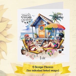 Tarjeta de cumpleaños de playa - PERSONALIZADA - 4 diseños - Cumpleaños femenino - Caricatura de mujer en la playa - Cumpleaños costero - Divertida - Mejor amiga
