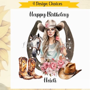 COWGIRL avec cheval - carte d'anniversaire personnalisée-4 choix de conception-fer à cheval-bottes de cow-boy & chapeau-ligne de danseuse anniversaire-bottes de cow-girl/chapeau-Wild West