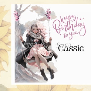 ANIME Girl Birthday Card-PERSONALISED-Karte für Her-Teen Birthday-Manga-Kawaii-Stil-Mädchen auf Schaukel-Blossom Tree-Japanime-Female Card-Teenager