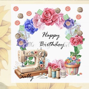 Sewing Machine Birthday Card: 4 Design Choices, Personalised, Needlework, Hobby, Embroidary, Floral, Female B