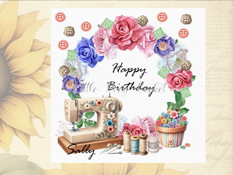 Sewing Machine Birthday Card: 4 Design Choices, Personalised, Needlework, Hobby, Embroidary, Floral, Female B