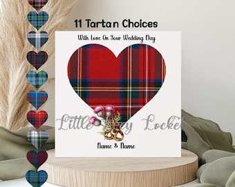 Scottish Wedding Card: 11 Tartan Choices, Personalised, Thistle, Heart, Rings, Highlands, Celtic