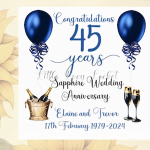 Tarjeta de aniversario ZAFIRO - PERSONALIZADA - Tarjeta de 45.º aniversario de bodas - Feliz ANIVERSARIO - Zafiro - Aniversario de bodas - Globos y champán