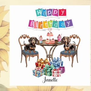 Tarjeta de cumpleaños de perro salchicha - PERSONALIZADA - Fiesta de té de cumpleaños de perro salchicha - Cumpleaños para amantes de los perros - Tarjeta de cumpleaños de fiesta de té de perro salchicha - Tarjeta de perro salchicha