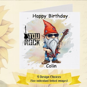 GNOME Birthday Card-4 Design Choices-PERSONALISED-Guitar Playing Gnome-You Rock-Guitar Birthday Card-Music Theme Birthday-Rocker-Heavy Metal